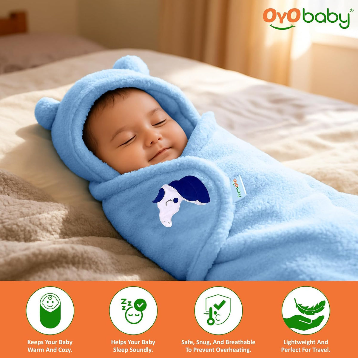 OYO BABY Hooded Swaddle Blanket for Newborns | Super Soft Flannel Wearable Sleeping Bag Wrap | Warm, Cozy & Breathable | Easy Wrap Design | 0–6 Months (72x68 cm) | Unicorn Blue