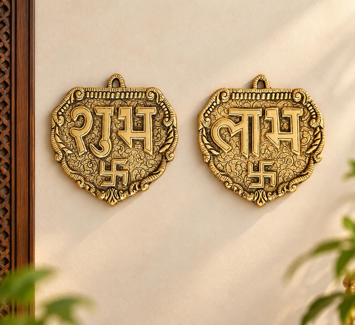 Kridaykraft Metal Shubh Labh Wall Hanging, Golden, Decorative Door Hanging, Swastik Design, 11 cm, 80 gm