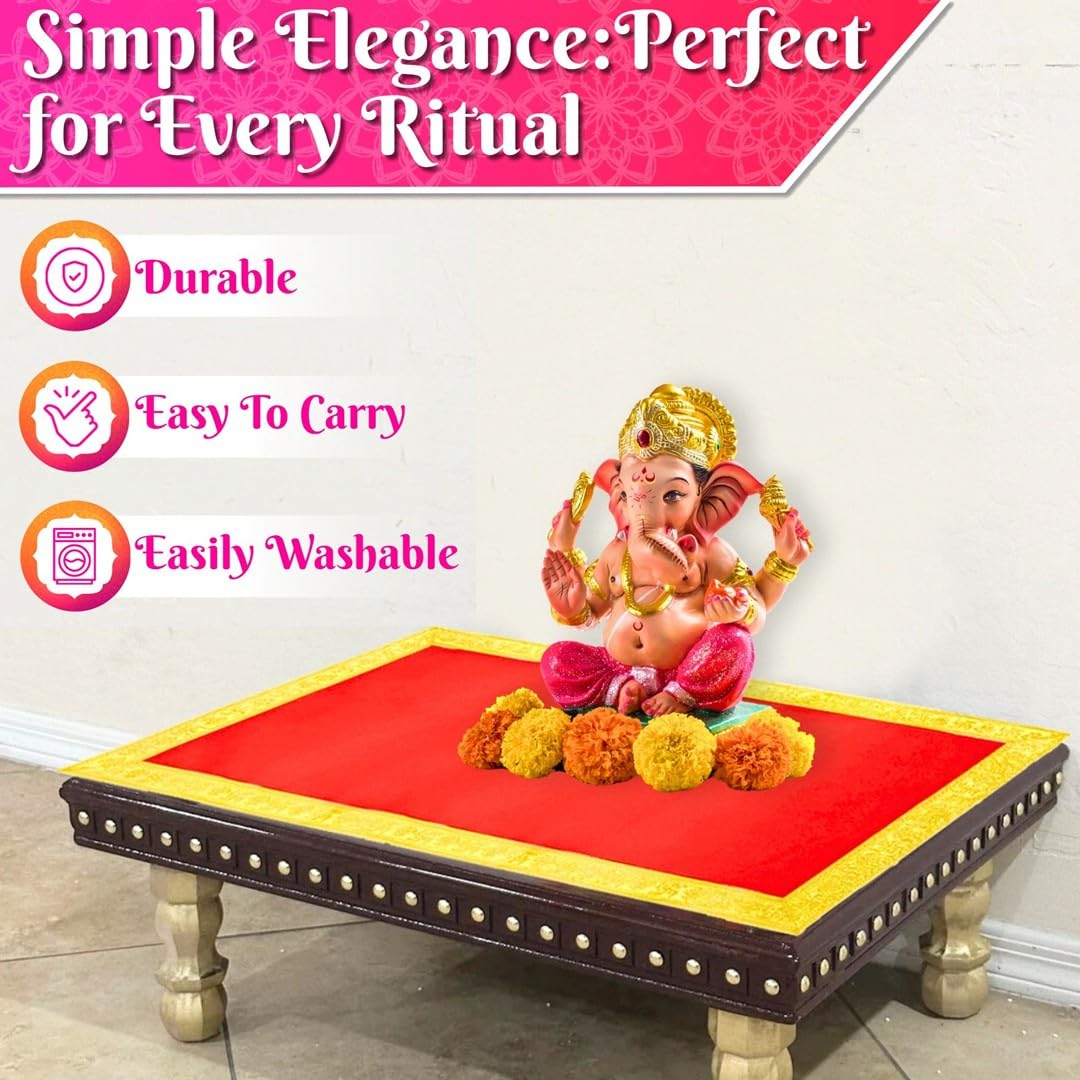 Bhakti Lehar Red Velvet Pooja Cloth | Aasan for God Idol Sitting, Mandir Shelf, Puja Chowki Table and Home Temple Decoration - (15 x 30 Inch)