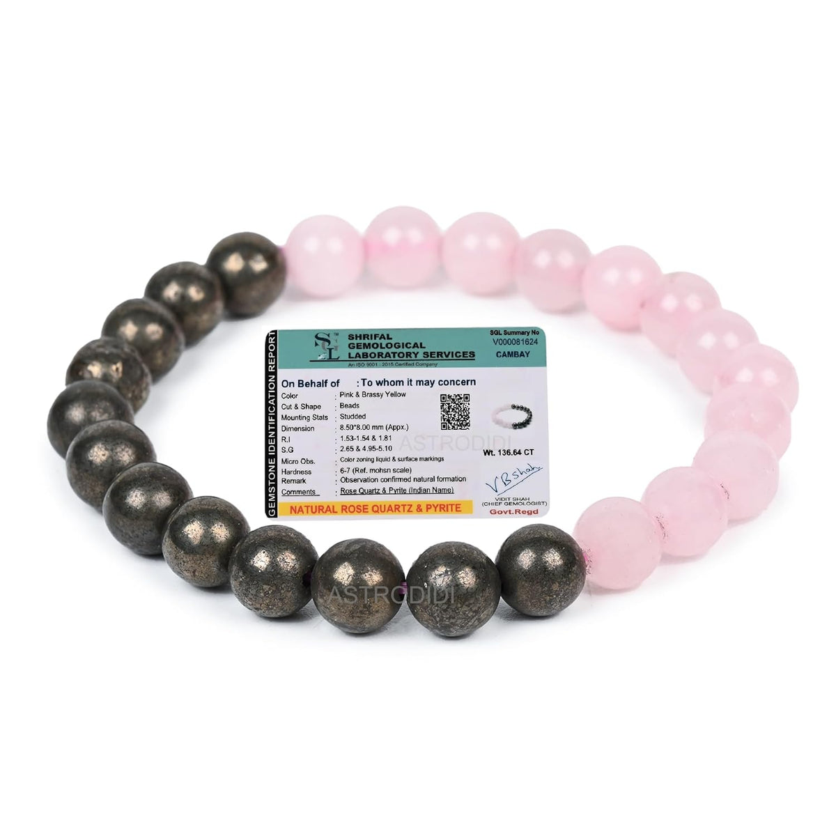 Astrodidi Natural Certified Rose Quartz and Pyrite Stone Bracelet for Attracts Money, Love, Fame, Luck, Relationship and Prosperity | Reiki Feng-Shui Healing Crystal Gemstone Bracelet for Men and Women