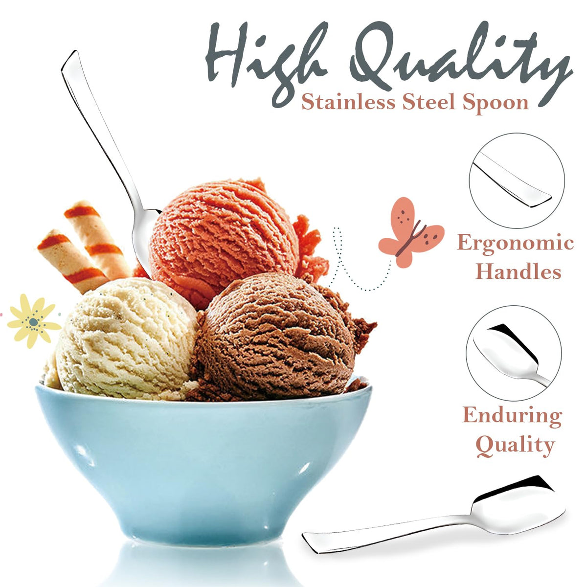 Parage Stainless Steel Set of 12 Ice Cream Spoons, Silverware Spoon Set, Dinner Spoon Length 13.5cm, Food Grade Silverware for Home & Kitchen, Durable Stylish, 12 Silver Spoons