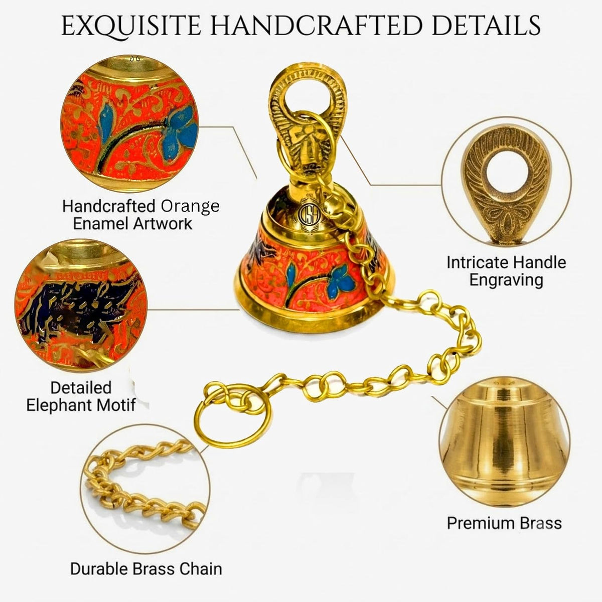 DSH Pure Brass Hanging Bell with Chain for Temple Mandir Door Home Decorative Ringing Bell (Orange, 2)