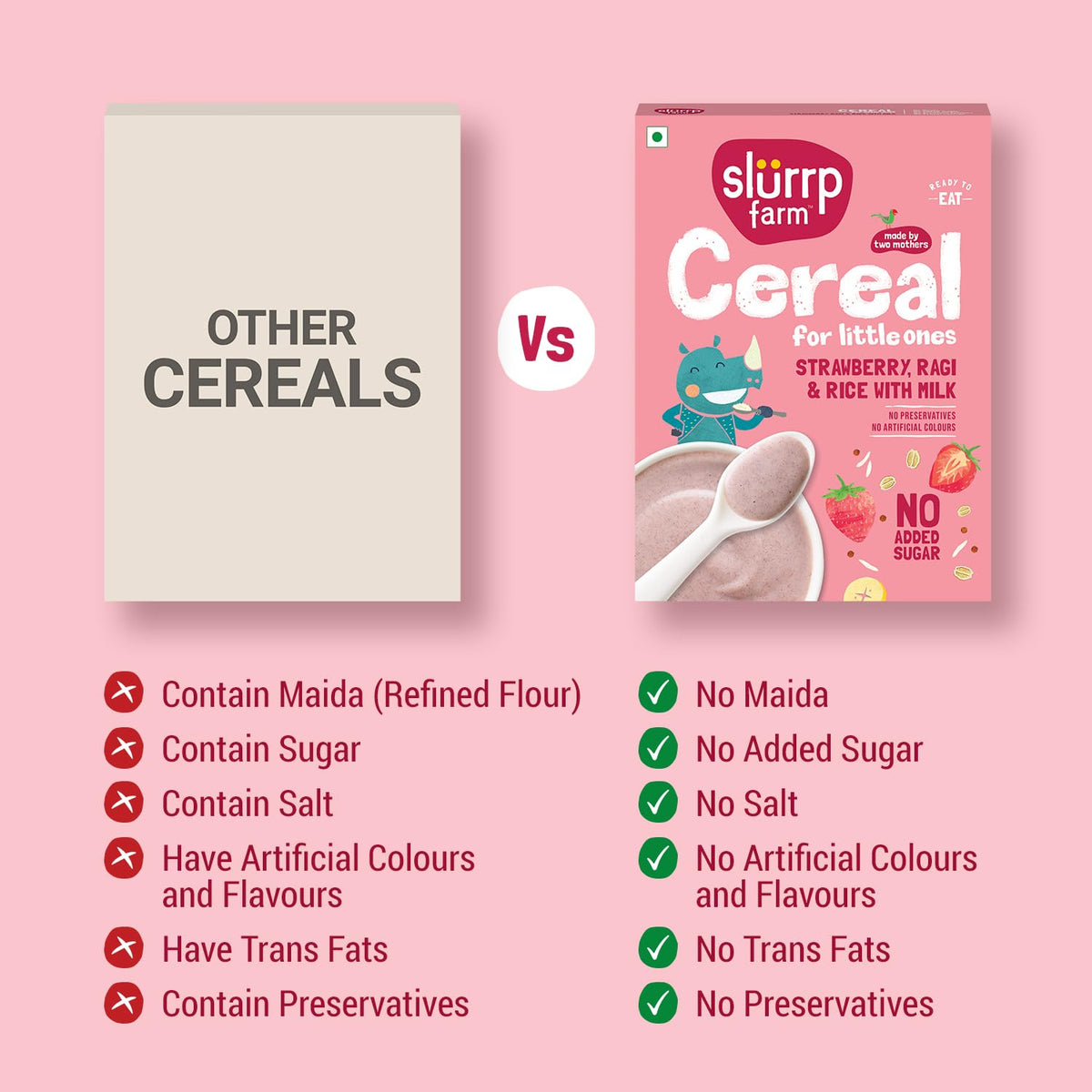 Slurrp Farm Cereal, Ragi, Rice and Strawberry with Milk, Instant Healthy Food, NO Added Sugar, Mildly Sweetened with Date Powder
