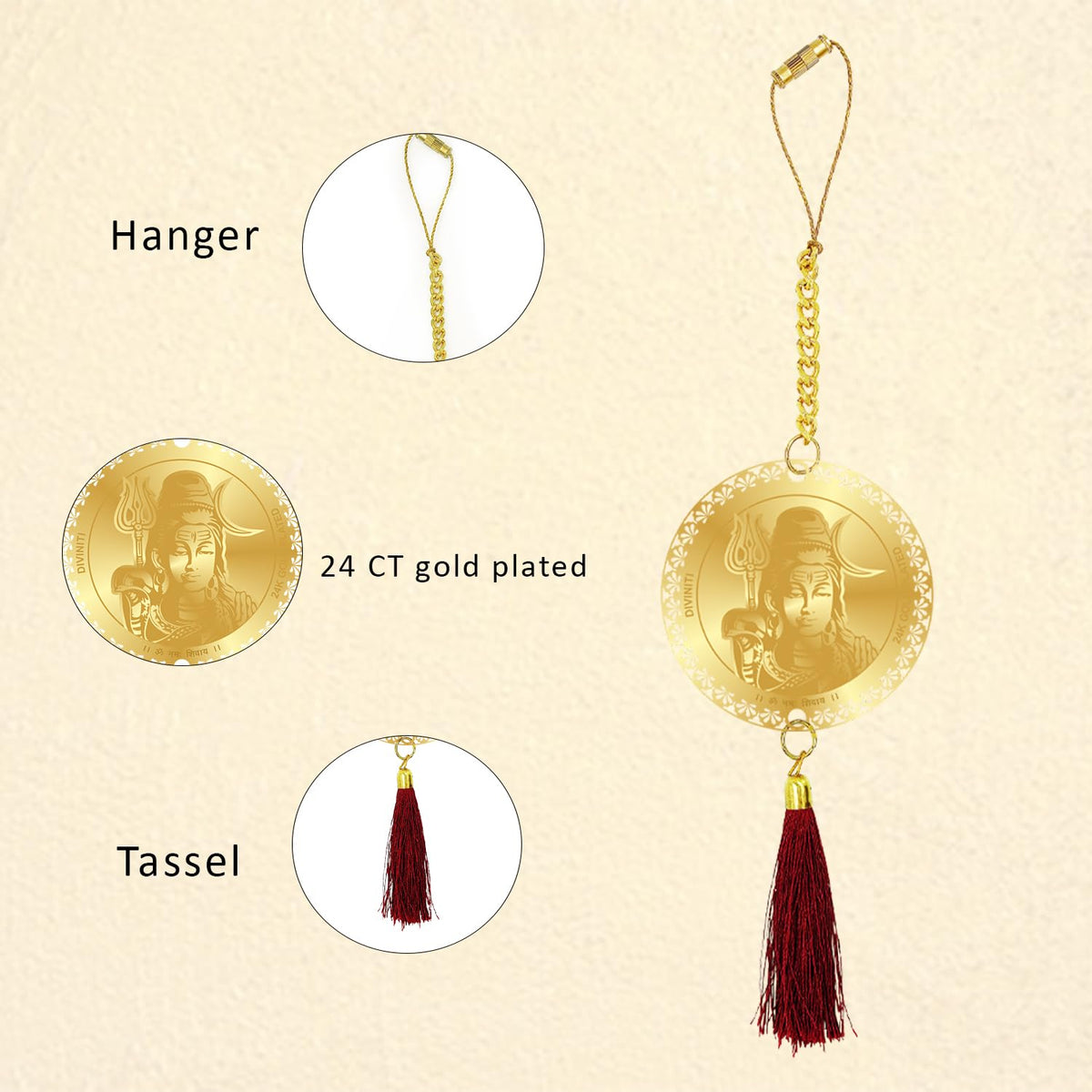 Diviniti 24K Gold Plated Double Sided Lord Shiva and Yantra Car Hanging Dangler|Mahadev Hanging New Car and New House Interior Decor Divine Car Accessories for Positive Energy Protection Safety