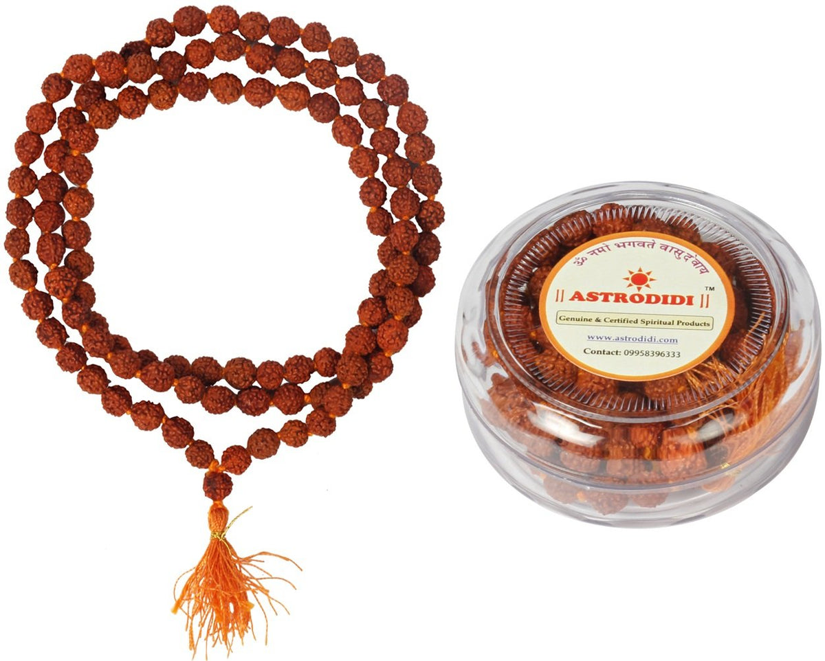 ASTRODIDI 5 Mukhi Rudraksha Mala for Mantra Jaap and Wearing | Certified and Natural 108+1 Beads Five Face Panchmukhi Rudraksh Mala for Men and Women (Beads Size 7-8 MM)