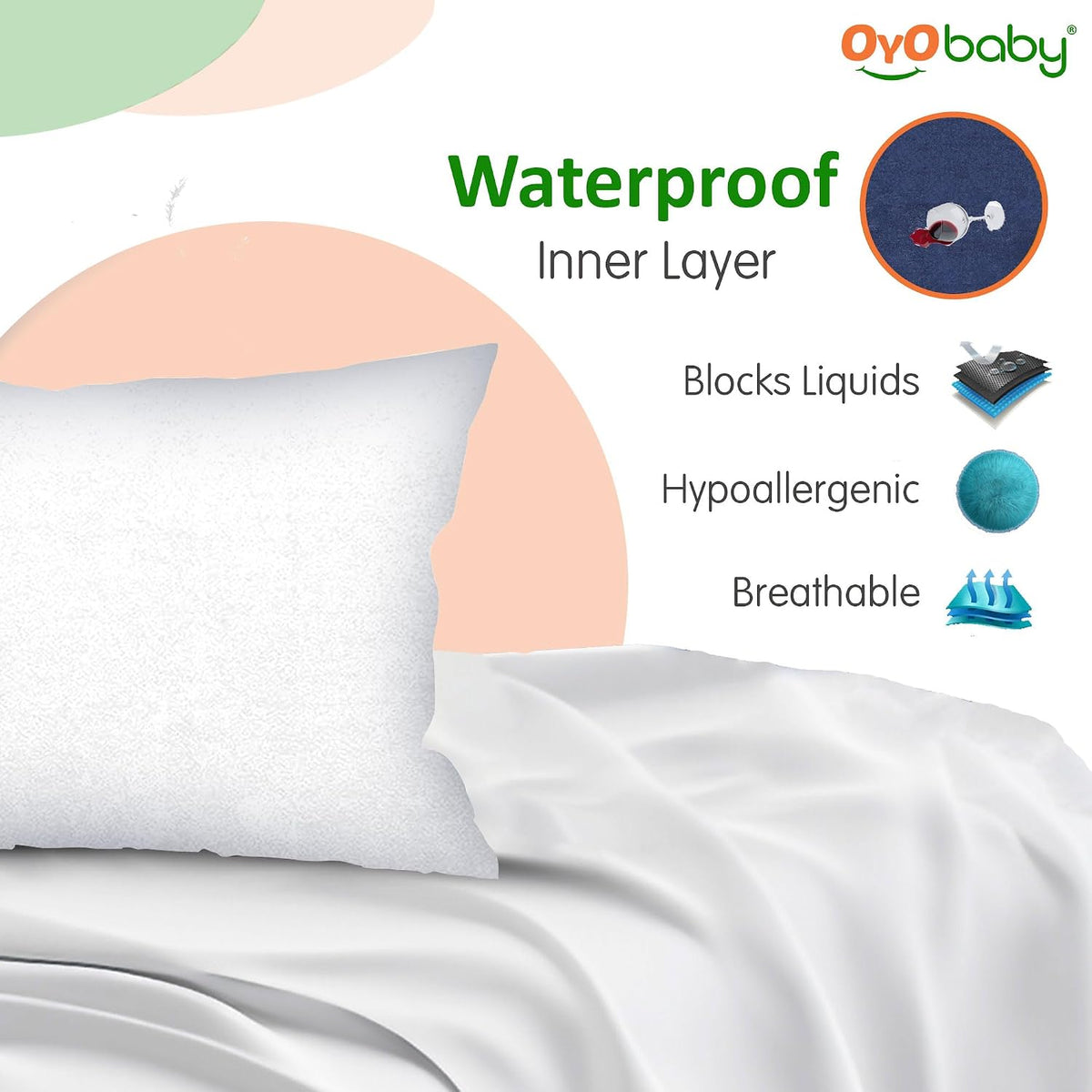 OYO BABY Ultra Soft Terry Waterproof Pillow Protector Cover with Zipper | Dust Mite & Bed Bug Proof | Oil & Spill Protection | Breathable & Durable | Standard Size 18 x 28 Inch | White | Pack of 1
