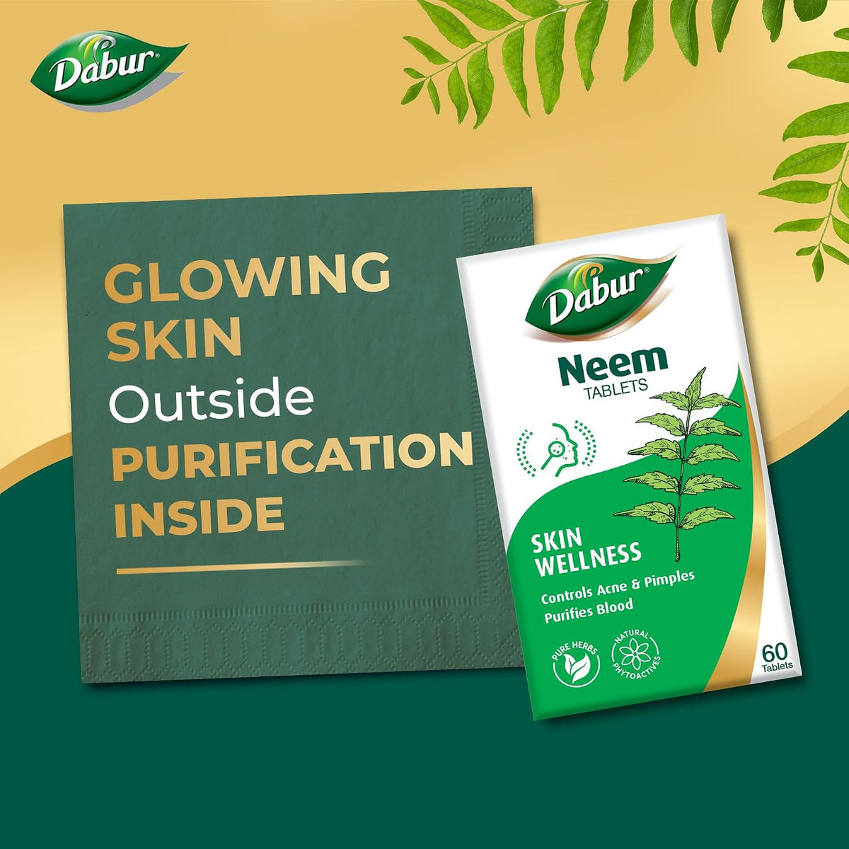 Dabur Pure Herbs Neem Tablets | 100% Ayurvedic Health Booster | For Skin Health & Wellness | Controls Acne & Detoxifies Skin