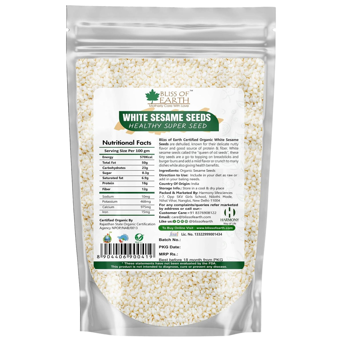 Bliss of Earth Organic Sesame Seeds 2x200 gm White For Eating, Raw Til Seeds