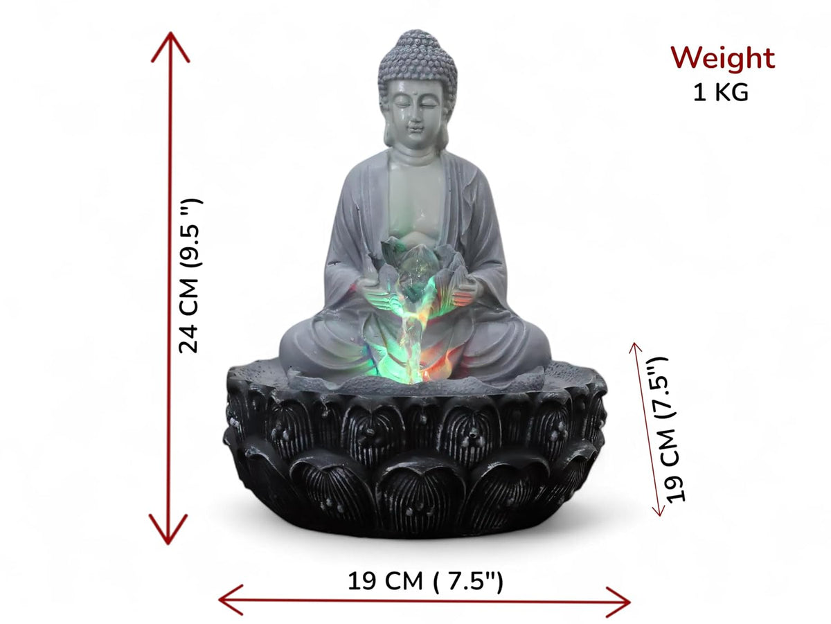 KridayKraft Meditating Buddha Water Fountain Idol Polyresin Lotus Water Fountain Showpiece for Home Garden Living Room Decor Decoration Gift Items, 24 CM