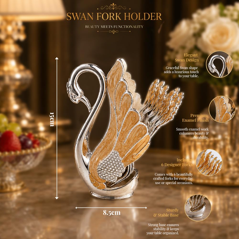 Diviniti Decorative Swan Fork Holder with Fork Set | Elegant Silver & Gold Finish | Tabletop Dining Organizer | Home Décor & Dining Table Accessory