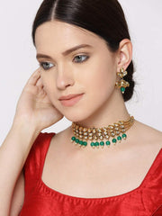 Priyaasi Green Beads And Kundan Choker Necklace Set With Earrings for Women