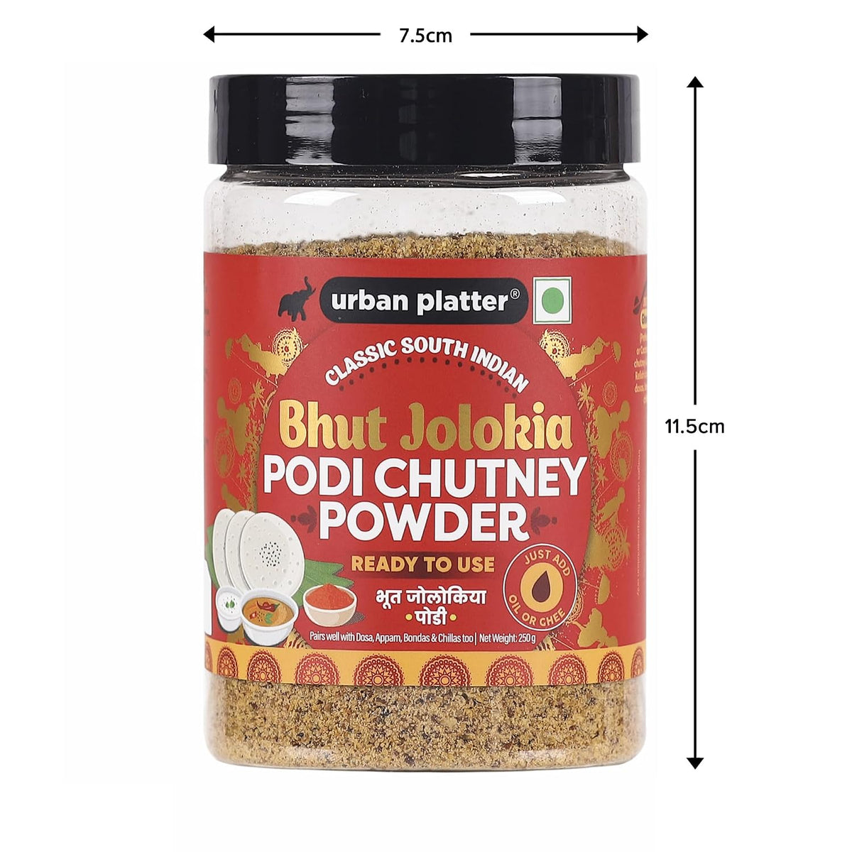 Urban Platter Classic South Indian Bhut Jolokia Podi Chutney Powder, 250g (Ready to use, Just add ghee or Oil)
