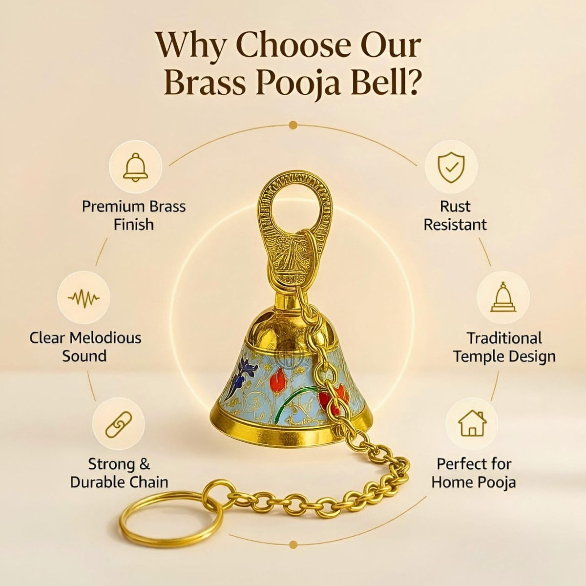 DSH Pure Brass Hanging Bell with Chain for Temple Mandir Door Home Decorative Ringing Bell (Sky, 2)