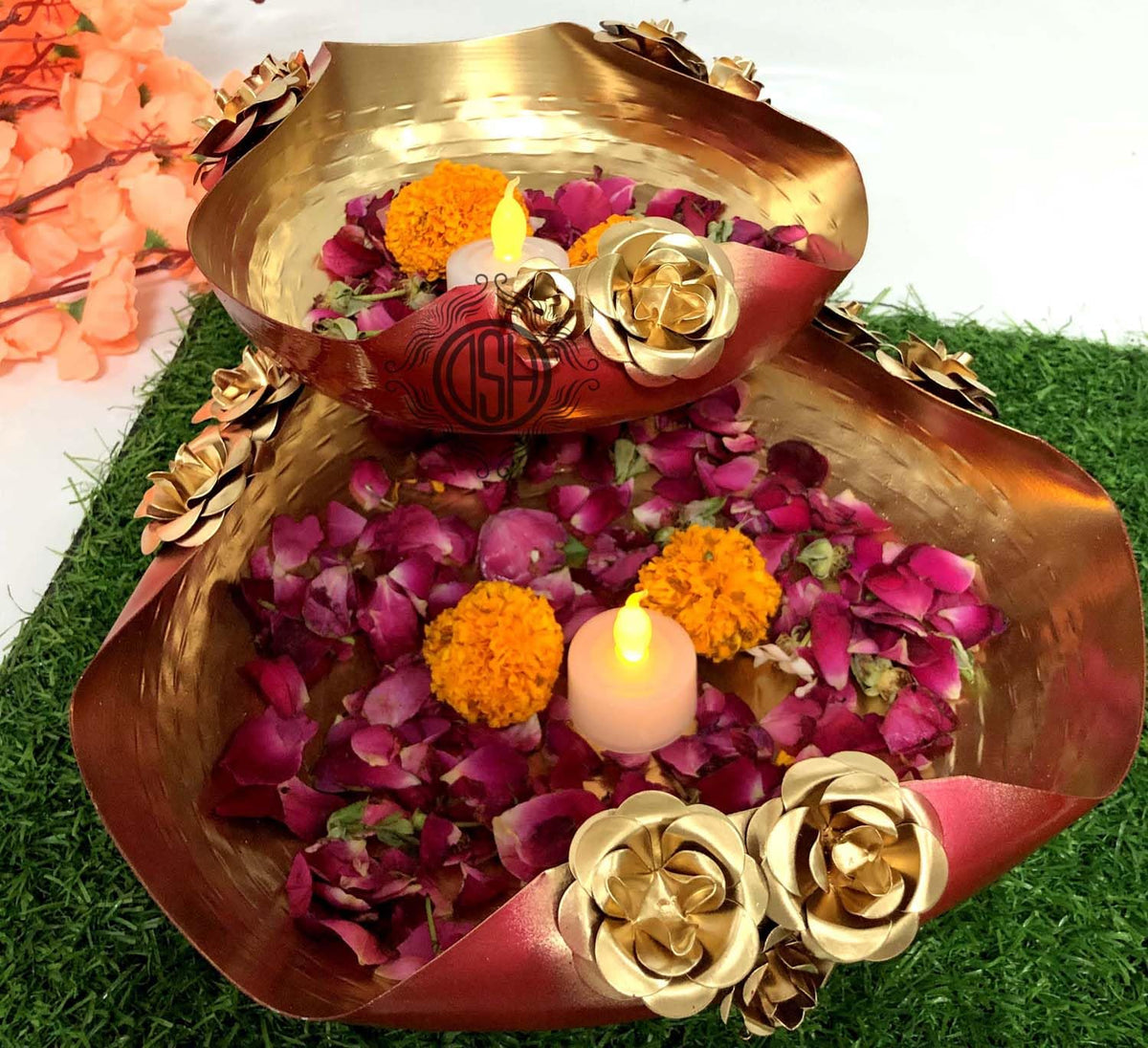 DSH Urli Bowl for Floating Flowers and Candles (Red and Gold) - Set of 2