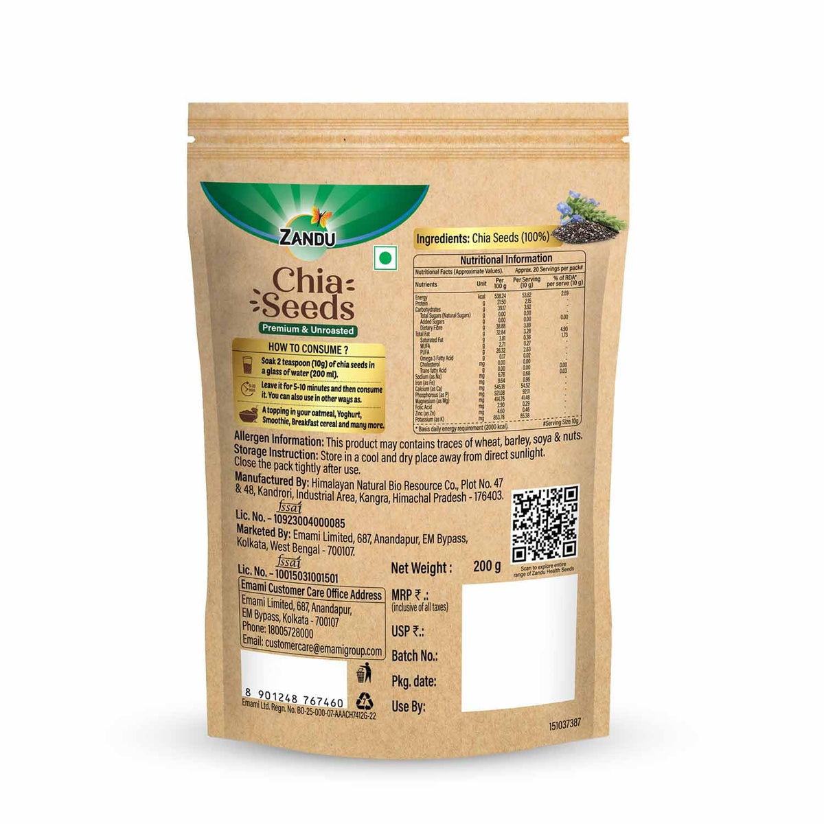 Zandu Chia Seeds, 200g I Premium & Raw Seeds I Rich in Omega-3 Fatty Acids I Helps in Weight Management