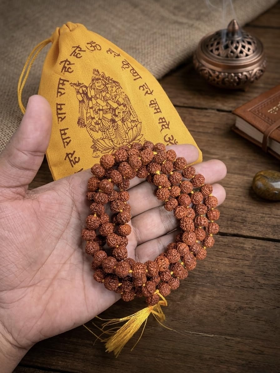 RudraDivine Natural 5 Mukhi Rudraksha Mala with Gomukhi Bag for Mantra Jaap & Wearing | Lab Certified 108+1 Beads Rudraksha Mala | Spiritual Meditation Prayer Mala for Men & Women