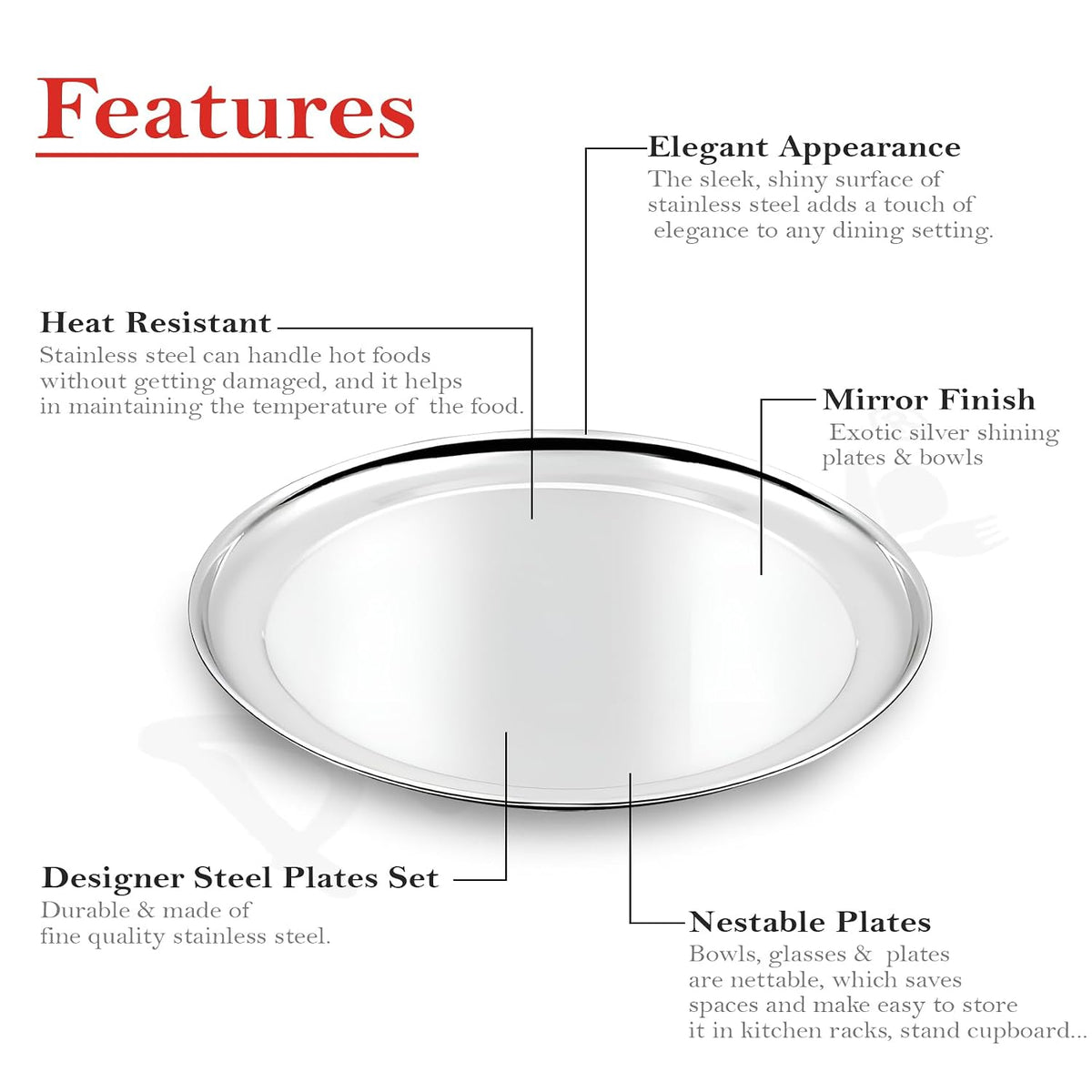 Parage 3 Pieces Stainless Steel 12 inch Heavy Gauge Raj Bhog Plate Set/Dinner Set/Thali Set/Kitchenware for Home & Restaurants/Family Use, Silver