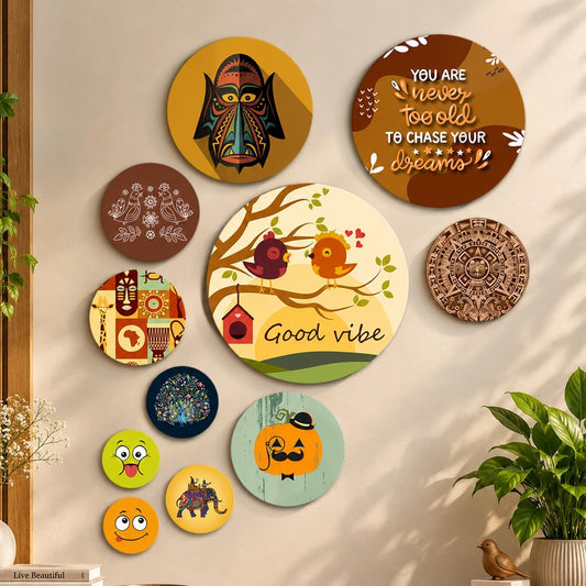 Artvibes Nature Round Shape MDF Wooden Wall Decor Items | Graphic Artwork | Door Decoration Items | Paintings For Wall | Aesthetic Wooden Decor | Handcrafted Art | Unique Gift (WPS_106N), Set of 11