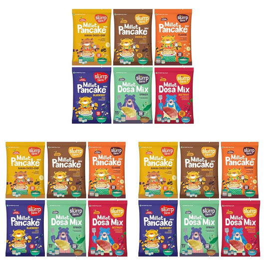 Slurrp Farm Healthy Breakfast and Snacks Trial Pack Combo, Millet Pancake and Dosa Mix, 300g (Pack of 18, 50g each)