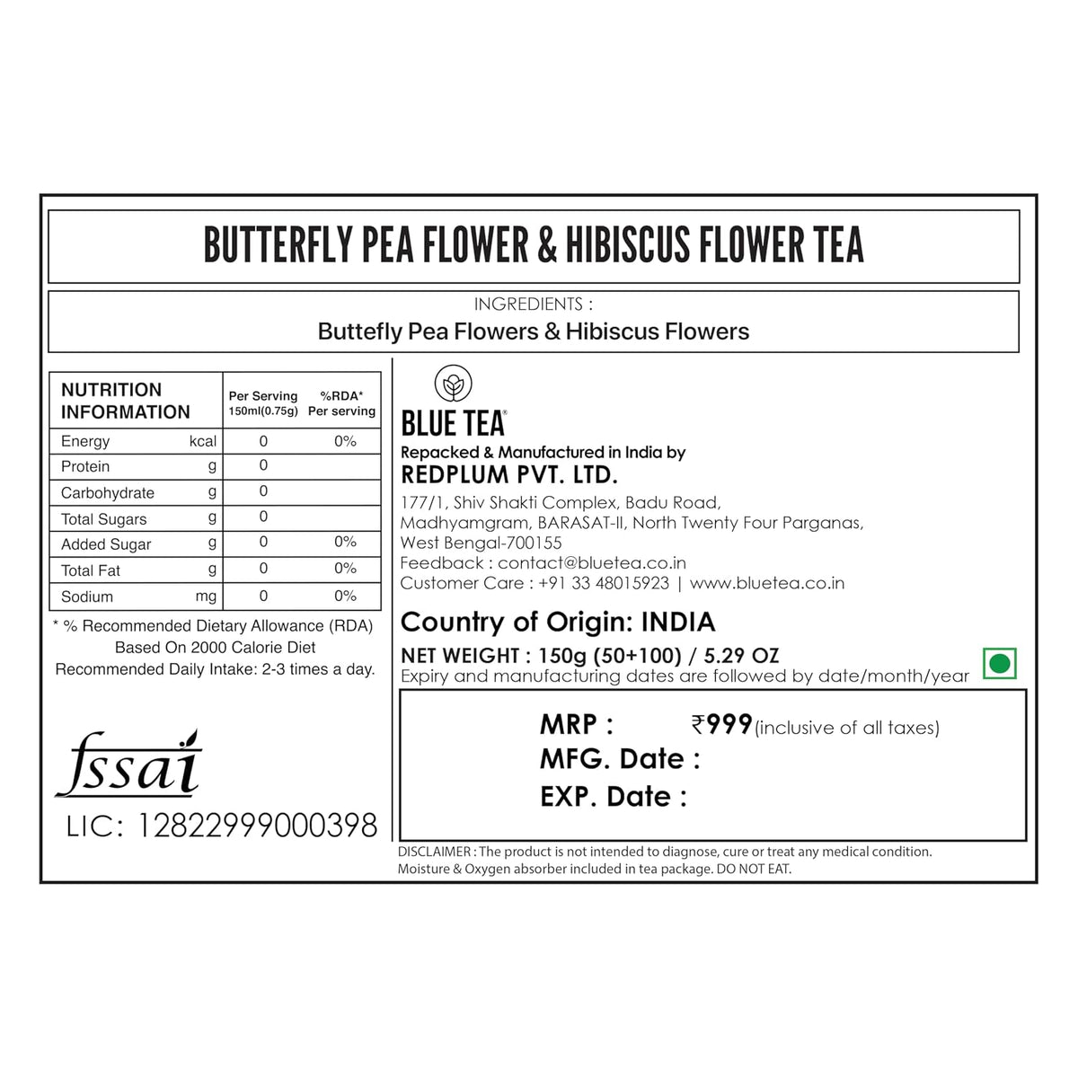 BLUE TEA - Combo Pack - Butterfly Pea Flower & Hibiscus Tea | ANTIOXIDANT RICH | Flower Based - Herbal Tea - Caffeine Free | Pet Jar Packaging