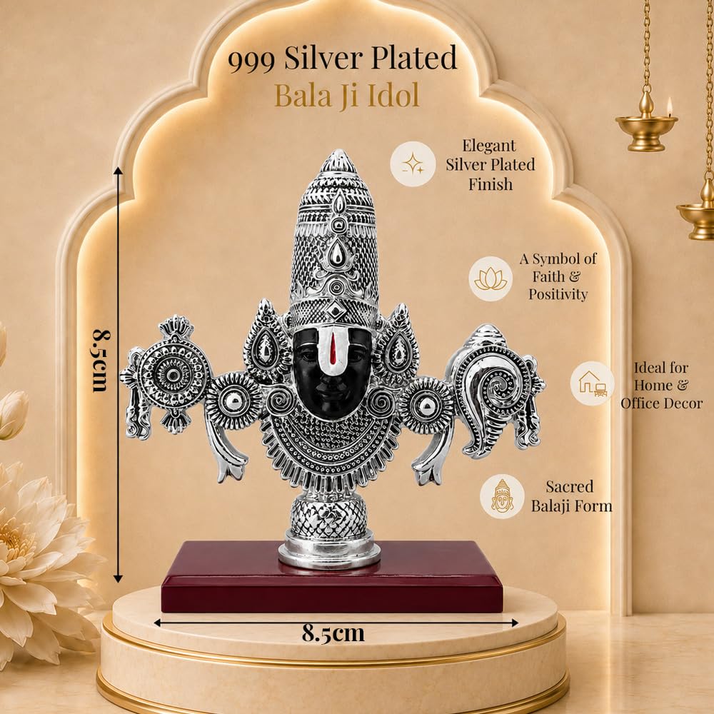 DIVINITI 999 Silver Plated Tirupati Balaji Face Idol with Gift Box, 8.5 cm