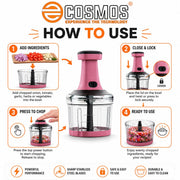 E-COSMOS® Food Chopper 800ml, 3 Blade Steel Large Manual Hand-Press Vegetable Chopper Mixer Cutter to Cut Onion, Salad, Tomato, Potato (Dusty Blush)