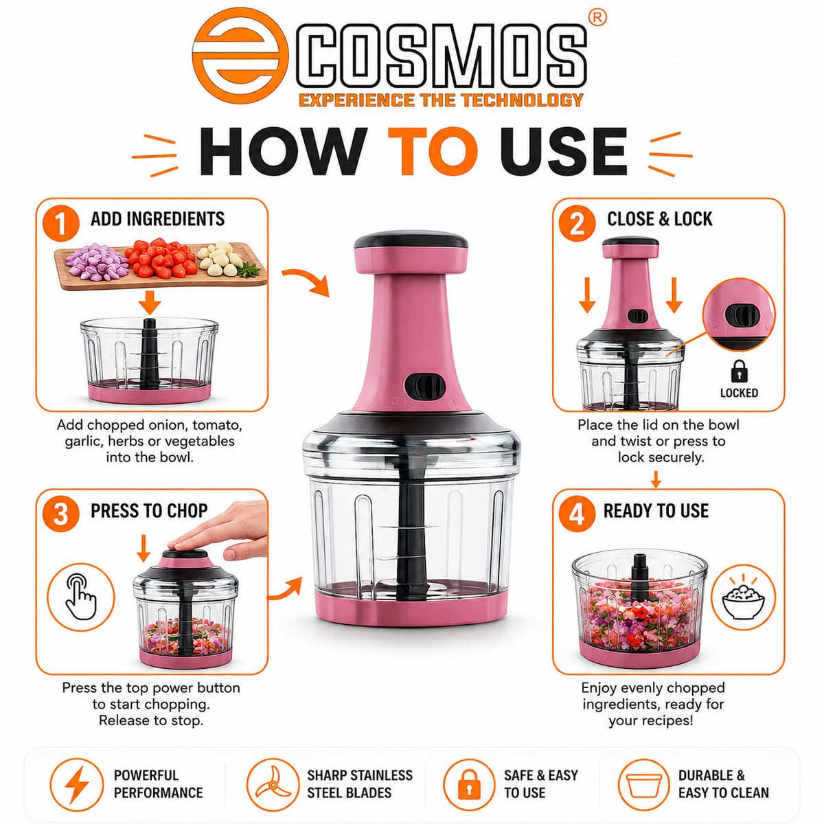 E-COSMOS® Food Chopper 800ml, 3 Blade Steel Large Manual Hand-Press Vegetable Chopper Mixer Cutter to Cut Onion, Salad, Tomato, Potato (Dusty Blush)