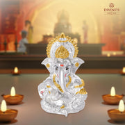 DIVINITI 999 Silver Plated Lord Ganesha Idol for Car Dashboard, Tabletop|Ganesh Statue for Good Luck and Success|Ganpati Murti for Home Decor Mandir, Office Desk Puja Gift Silver & Gold (8.4x4.2cm)
