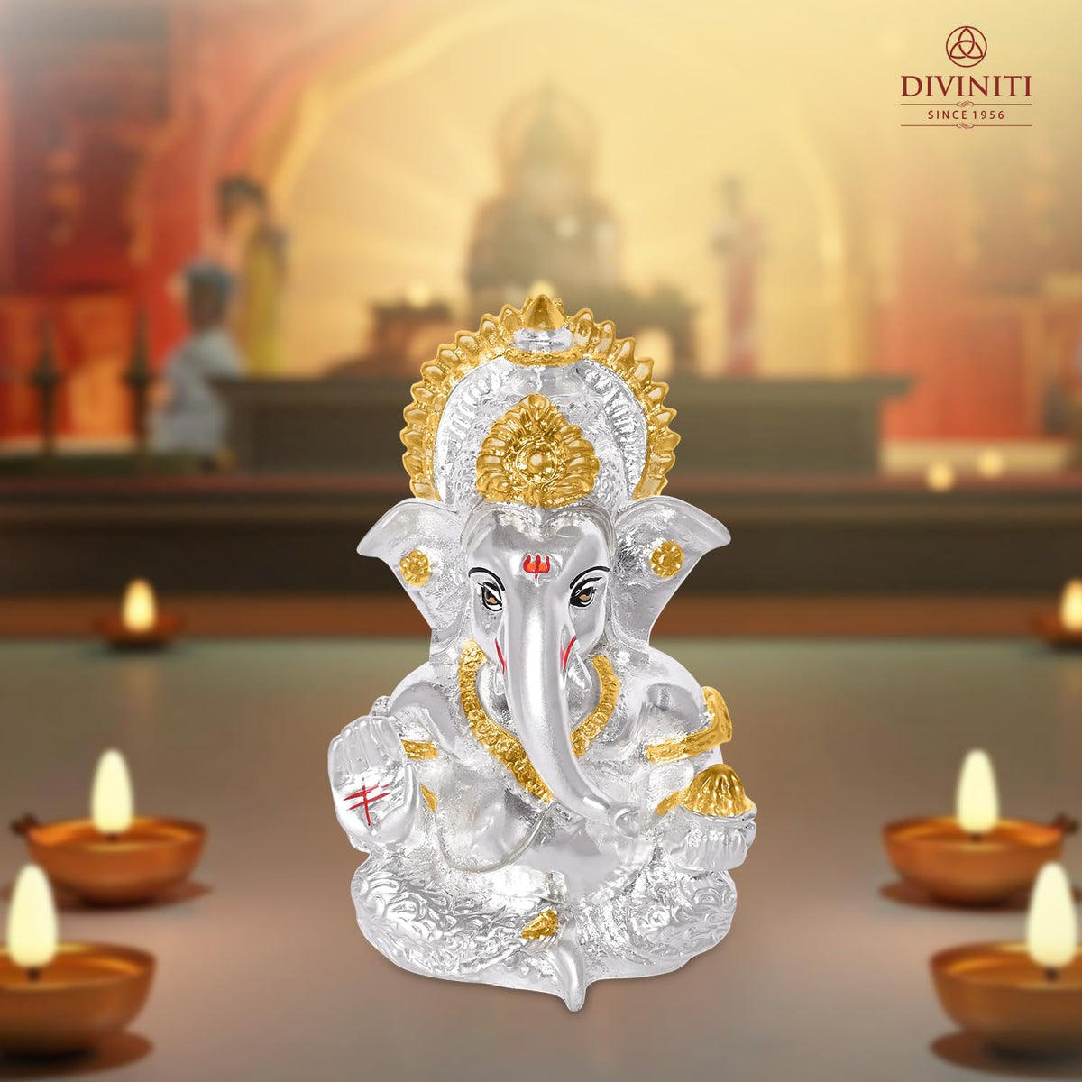 DIVINITI 999 Silver Plated Lord Ganesha Idol for Car Dashboard, Tabletop|Ganesh Statue for Good Luck and Success|Ganpati Murti for Home Decor Mandir, Office Desk Puja Gift Silver & Gold (8.4x4.2cm)