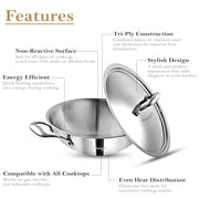 Parage Triply Stainless Steel Kadai with Lid 28 cm, 4 LTR | ISI Certified | Heavy Bottom SAS Triply Kadhai for Deep Frying & Cooking | Tripure | Induction & Gas Stove Compatible | 5 Years Warranty