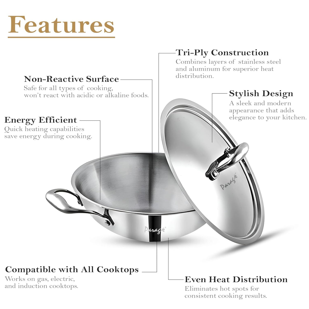 Parage Triply Stainless Steel Kadai with Lid 28 cm, 4 LTR | ISI Certified | Heavy Bottom SAS Triply Kadhai for Deep Frying & Cooking | Tripure | Induction & Gas Stove Compatible | 5 Years Warranty