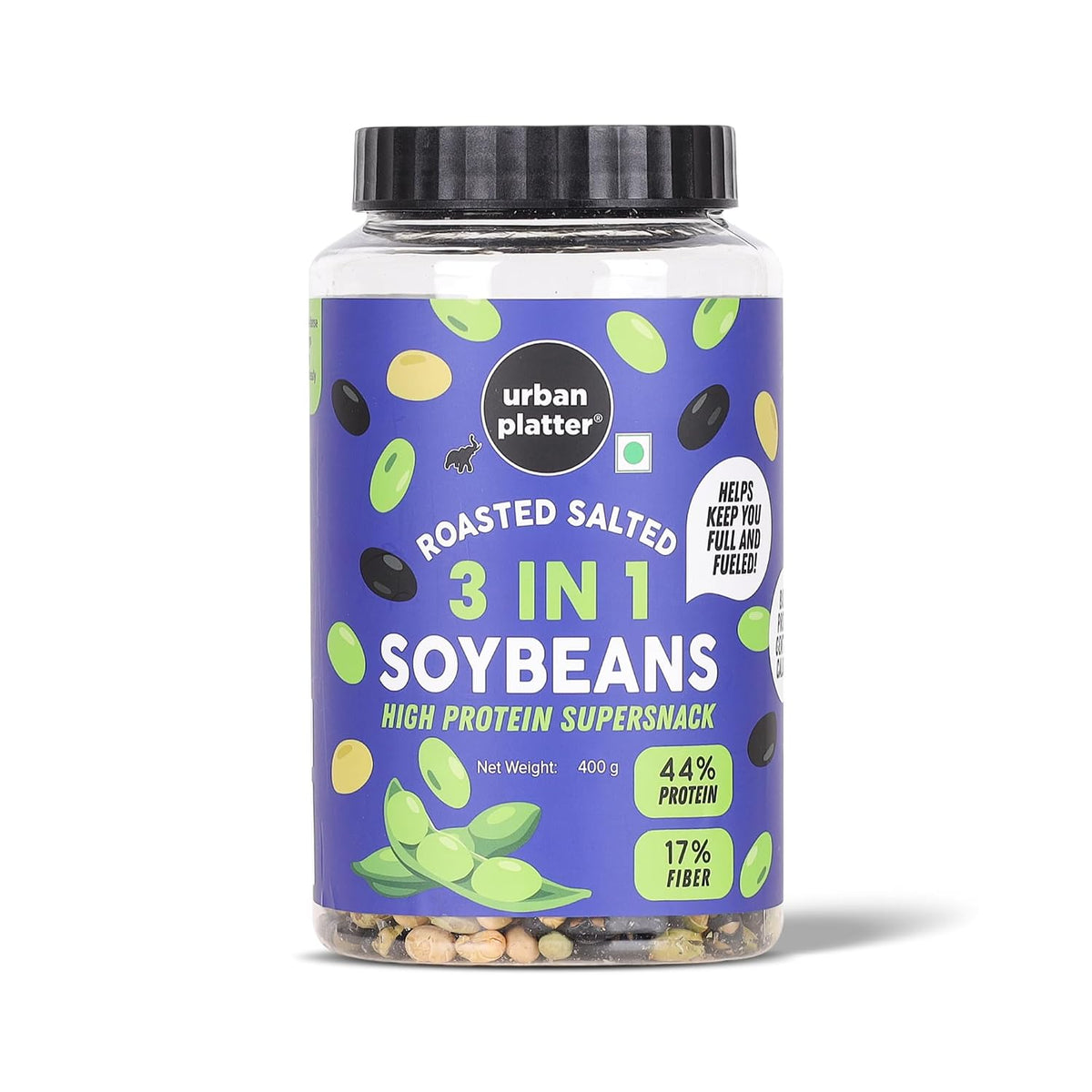 Urban Platter Roasted Salted 3-in-1 Soybean, 400g (44% Protein, 17% Fiber, Lightly Salted Green Edamame, Black & White Soybeans, Highest Plant Protein Supersnack)