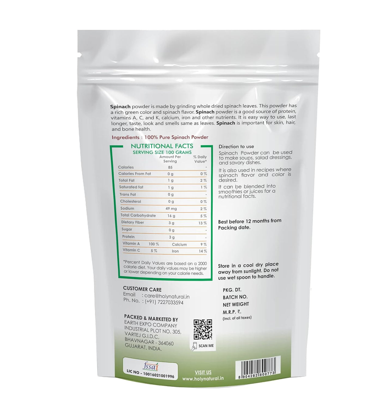 Holy Natural Spinach Powder 100g | Nutrient-Rich Palak Leaf Powder | for Smoothies, Soups, Salad Dressings & Healthy Recipes | No Additives or Preservatives