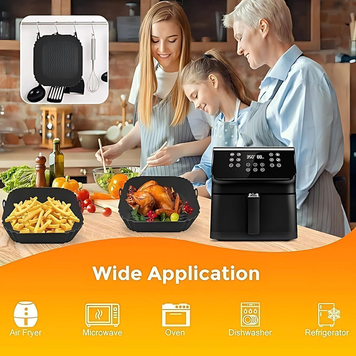 E-COSMOS® Square Silicone Air Fryer Liners (Set of 2), 8-Inch Reusable Nonstick Baking Trays with Handles,Heat Resistant Air Fryer Oven Accessories, Multicolor