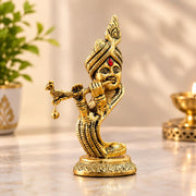 KridayKraft Lord Krishna Idol Playing Flute with Peacock, 14 cm Golden Aluminium Bansuri Krishna Murti for Home Mandir, Pooja Room, Janmashtami Décor & Religious Gifting