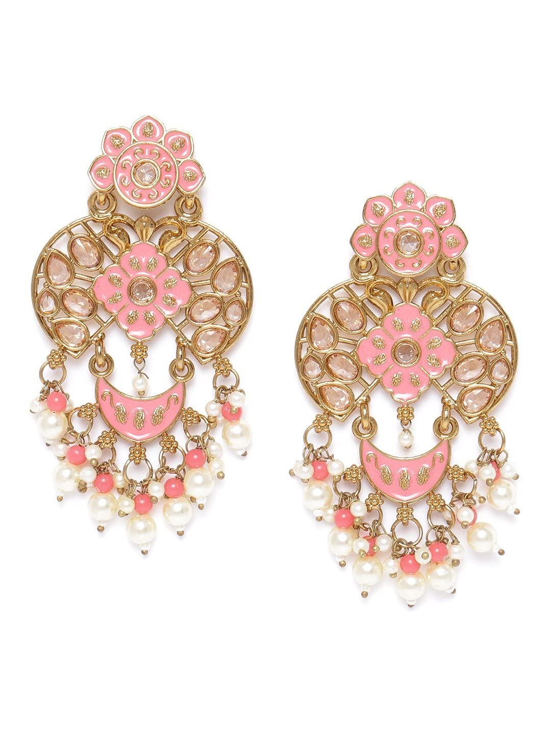 Priyaasi Gold-Plated Stone Studded Drop Earrings with Pearl Drop in Peach Color
