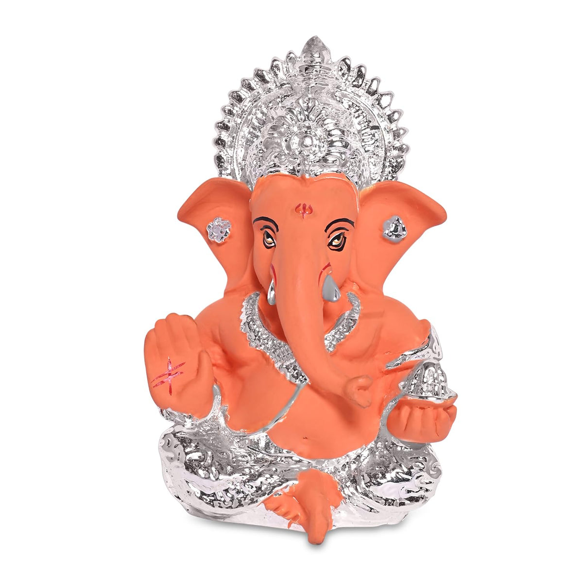 DIVINITI 999 Silver Plated Lord Ganesha Idol for Car Dashboard,Tabletop|Ganesh Statue for Good Luck and Success|Ganpati Murti for Home Decor Mandir, Office Desk Puja Gift Terracotta Orange (8.4x4.2cm)