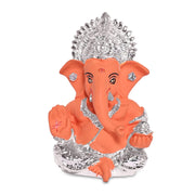 DIVINITI 999 Silver Plated Lord Ganesha Idol for Car Dashboard,Tabletop|Ganesh Statue for Good Luck and Success|Ganpati Murti for Home Decor Mandir, Office Desk Puja Gift Terracotta Orange (8.4x4.2cm)