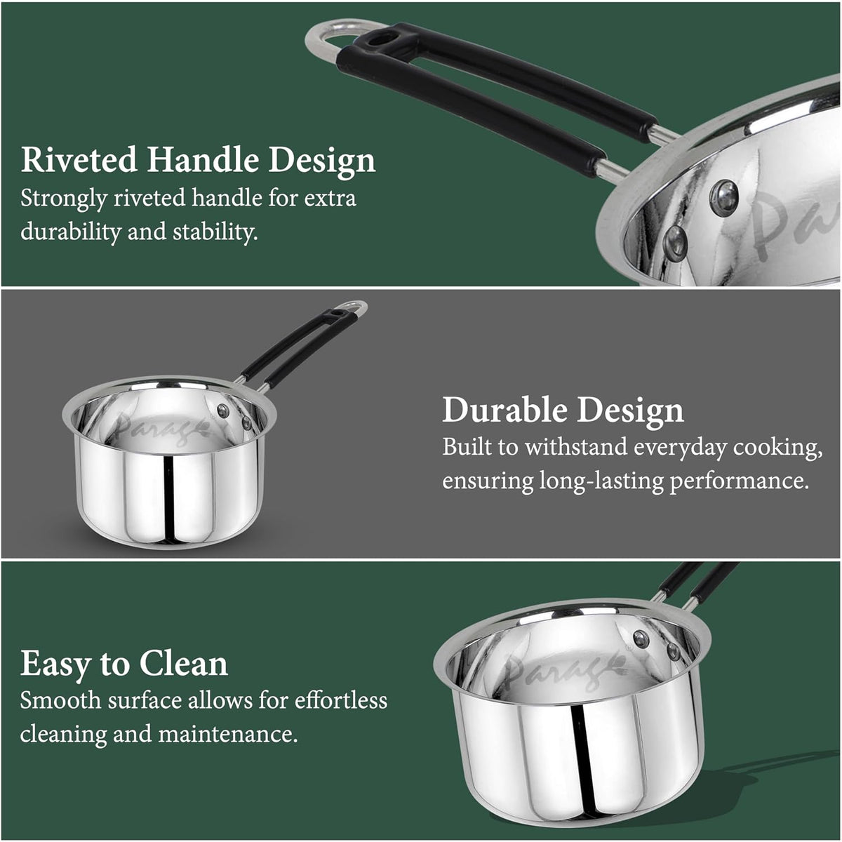 Parage 1 Pieces Stainless Steel Sauce Pan, Tea Pan, Milk Pan Heavy Gauge, 1 LTR with Heat-Resistant Wire Handle Induction & Gas Stove Friendly (Silver)