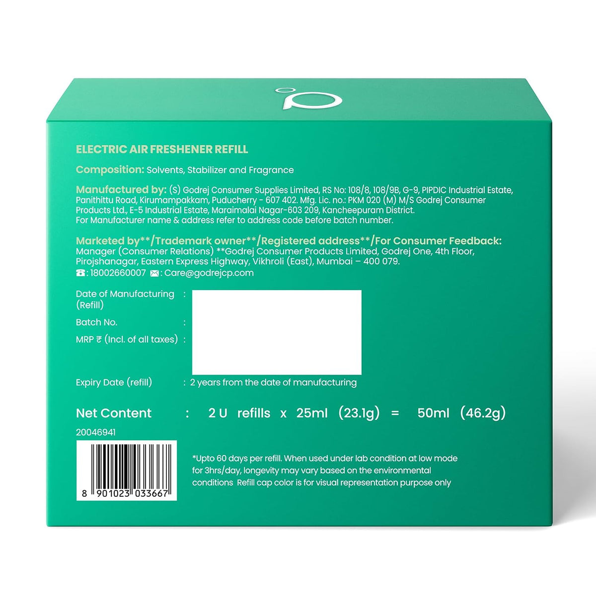 Godrej aer Plug Electric Air Freshener 2 Refills (25ml each) | Garden Woods | Lasts up to 120 days