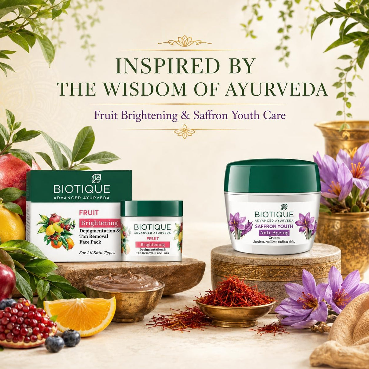 BIOTIQUE Fruit Whitening Face Pack 75g And Saffron Dew Cream for All Skin Types 175g (250 ml)