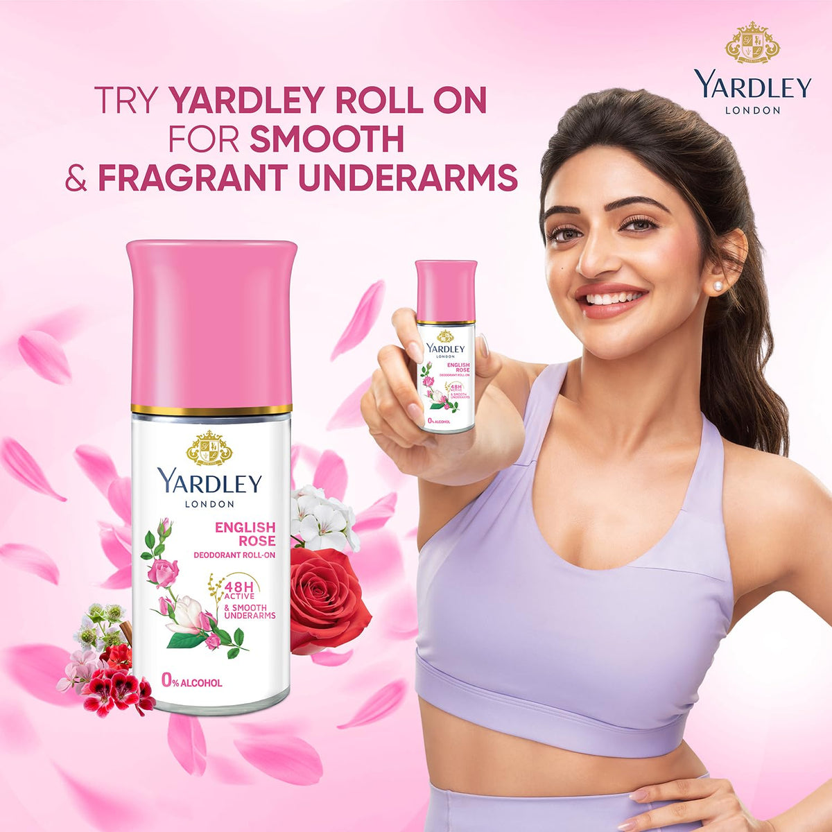 Yardley London English Rose Underarm Deodorant Roll On | With Licorirce Extract & Floral Extracts | Smooth & Eventoned Underarms | 48 H Long Lasting Floral Scent| 0% Alcohol & Dermat Approved | For Women | 50ml