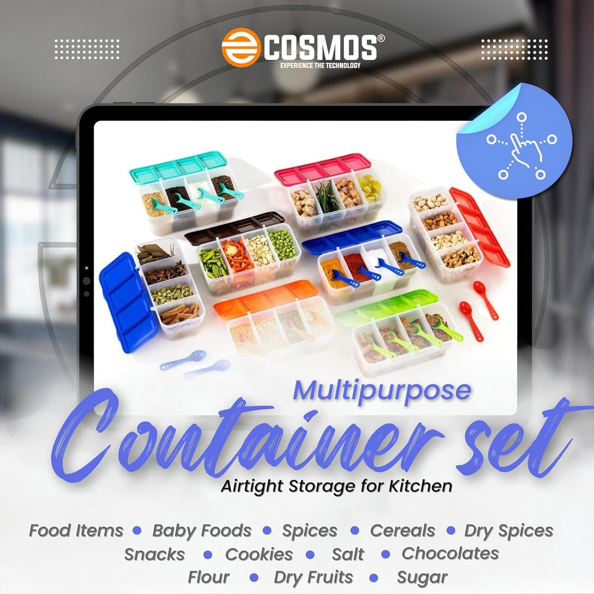 E-COSMOS 4-Section Airtight Plastic Container Box with 4 Spoons, 1800 ml (Blue) – Multipurpose 4-in-1 Grocery, Spice & Dry Fruit Storage Box for Kitchen
