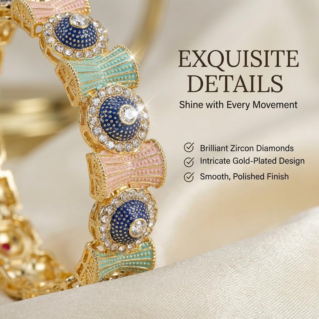 NMII Gold Metal Bangles Rajwadi Style Kangan Set For Women & Girls with Zircon Diamond | Traditional Girl's Bangles Bracelet | Latest Kada For Women Trendy | Wedding, Party, Festive, Daily- Set of 2