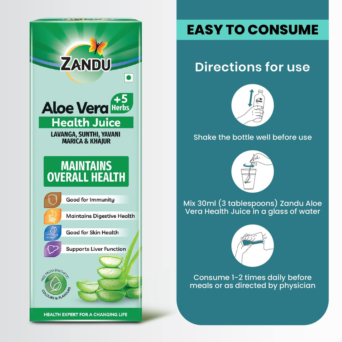 Zandu Aloe Vera + 5 Herbs Health Juice | Ayurvedic Immunity Booster | Good for Digestive Health, Skin Health & Liver Function | No Added Sugar (1000ml)