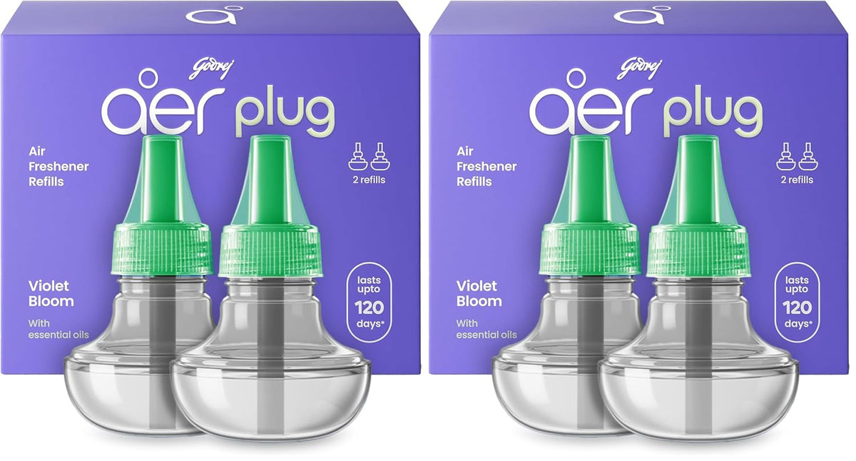 Godrej aer Plug Electric Air Freshener 2 Refills (20ml each) | Violet Bloom | Lasts up to 120 days, Liquid (Pack of 2)