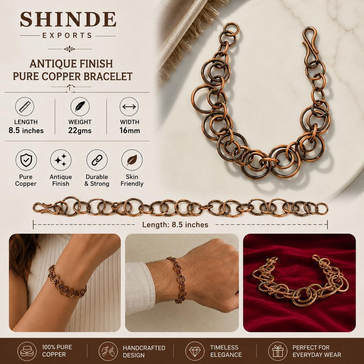 SHINDE EXPORTS Pure Copper Link Chain Bracelet Unisex S Hook 8.5 Inch