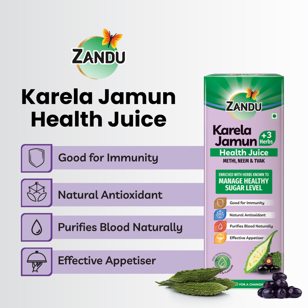 Zandu Karela Jamun + 3 Herbs Health Juice | Power of Karela, Jamun + 3 effective herbs | For Healthy Sugar level | Purifies blood naturally | Natural & Safe | Great taste | 1L