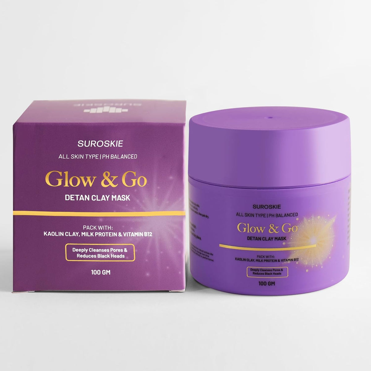 Suroskie Glow & Go De-Tan Face Clay Mask 100 Gm | With Kaolin Clay & Kojic Extract | Face Pack For Glowing & Brightening Skin | For Blackheads, Whiteheads & Dark Spots | All Skin Types | Women & Men