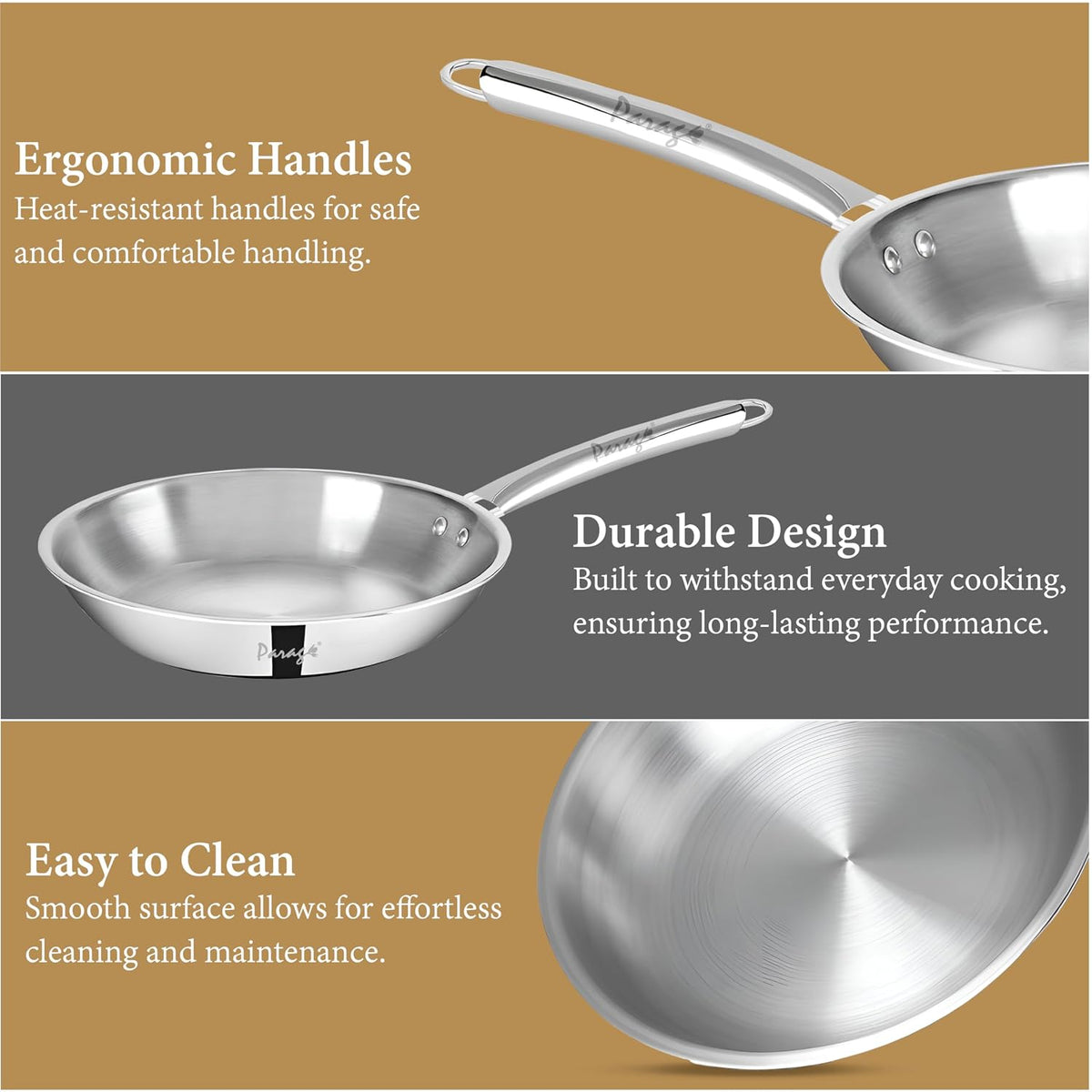 Parage Triply Stainless Steel Fry Pan 24cm | Heavy Bottom Steel Pan for Tempering, Frying | Induction & Gas Friendly | Stay-Cool Handle | Tripure Series | Scratch Resistant | 5 Years Warranty